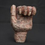 Moche ritual hand sculpture with pre-Columbian mother-of-pearl inlays
