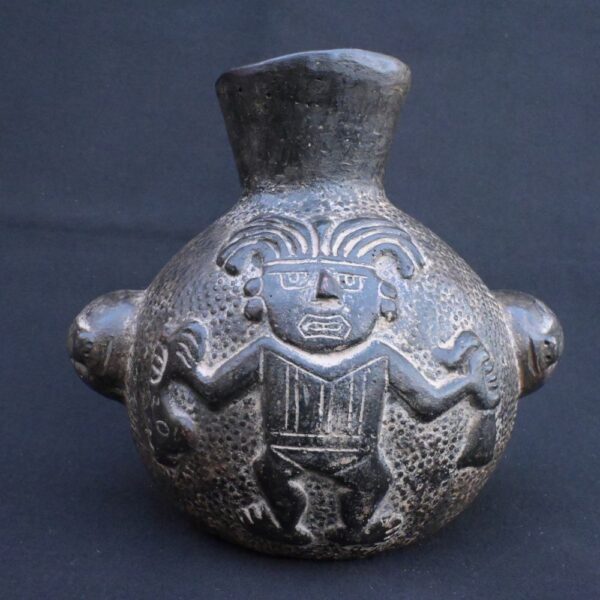 🏷️Moche Black Ceramic Ritual Vessel with Dual Faces and Human Figures - Imagen 1
