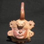 🏺 Moche Ceramic Sculptural Bottle with Feline Face and Headdress