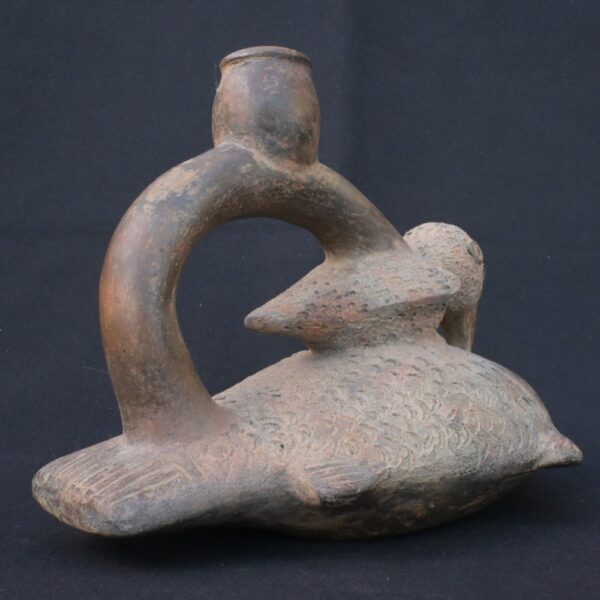 🐟 Chavín Culture Ceramic Bottle with Bird on Fish in Ritual Scene - Imagen 6