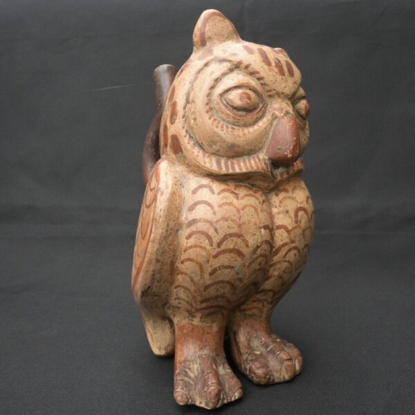 Precolumbian Moche Ceramic Owl Bottle Artifact - Image 2
