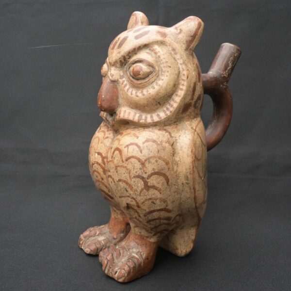 Precolumbian Moche Ceramic Owl Bottle Artifact - Image 4