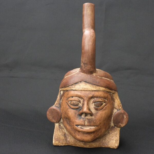 Pre-Columbian Moche Ritual Ceramic Bottle with Face - Image 2