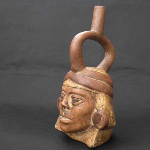 Pre-Columbian Moche Ritual Ceramic Bottle with Face - Image 3