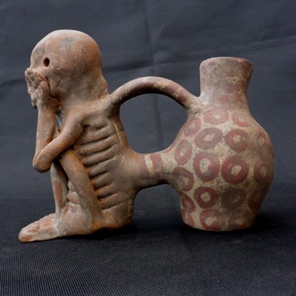 Moche Pre-Columbian Ceramic Whistle with Skeleton Design - Image 2