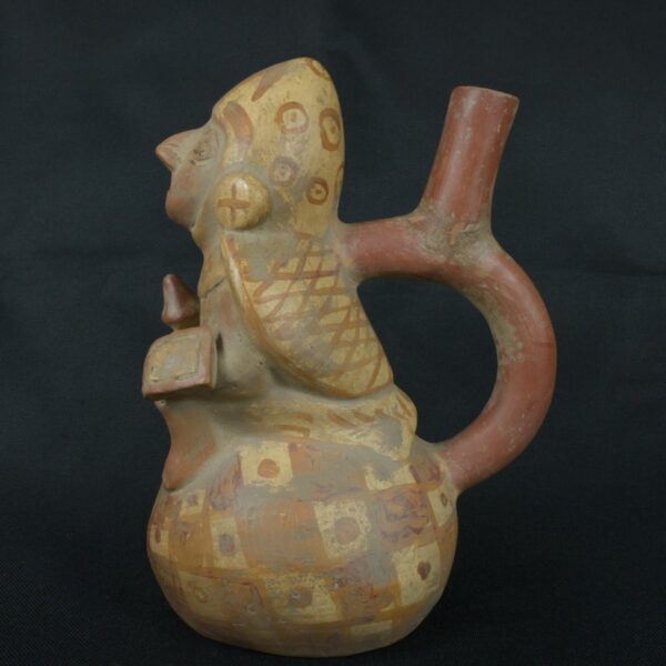 Pre Columbian Moche Ceramic Bottle Warrior Ritual Artifact Peru - Imagen 2