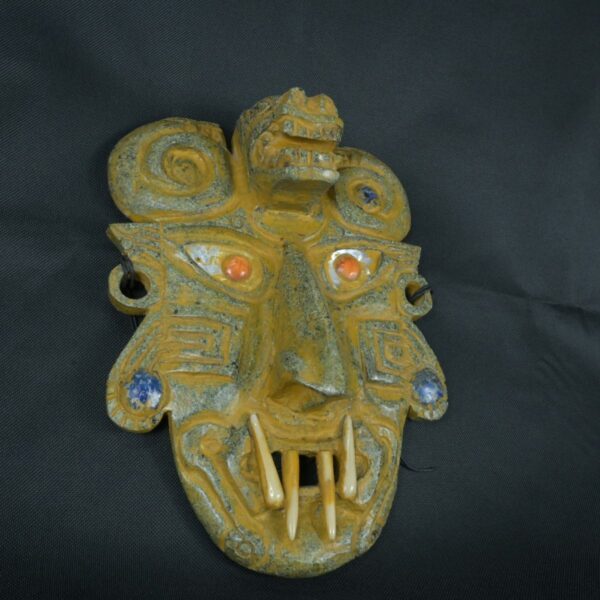 Pre Columbian Chavin Stone Mask Ritual Artifact with Inlays - Imagen 3