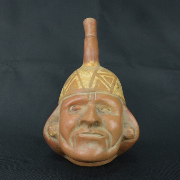 Pre Columbian Moche Ceramic Face Bottle Ceremonial Artifact Peru - Imagen 8