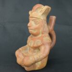 Pre Columbian Moche Ceramic Seated Priest Vessel Ritual Artifact
